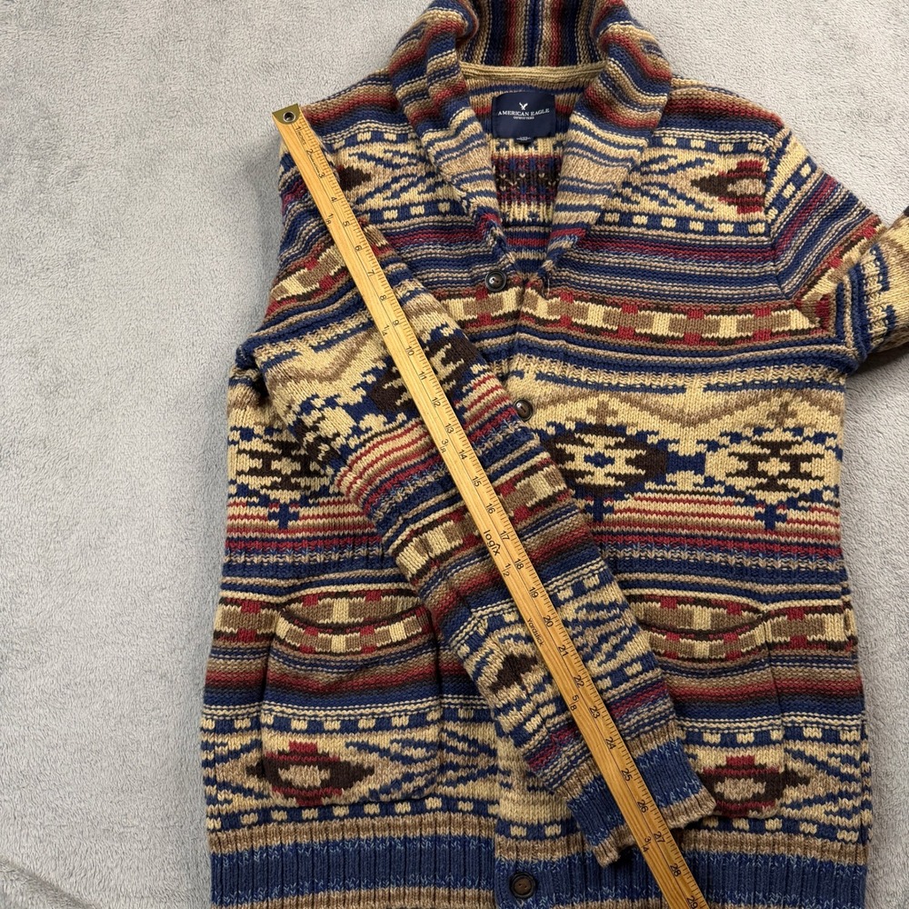 American Eagle Mens Large Southwestern Shawl Collar Button Cardigan Sweater Blue - Picture 7 of 13
